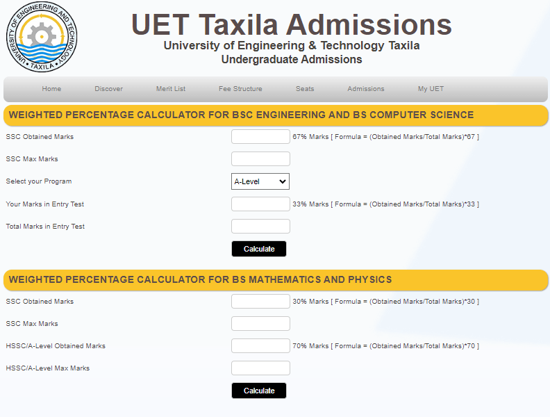 UET Taxila Merit Calculator